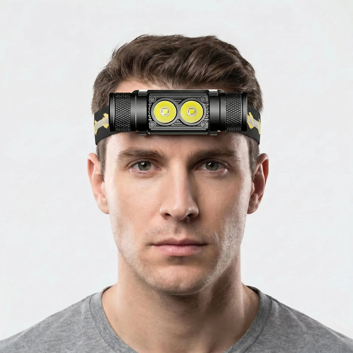 Hands-free LED headlamp, USB-C rechargeable, ideal for hiking, fishing, camping, and nighttime work.