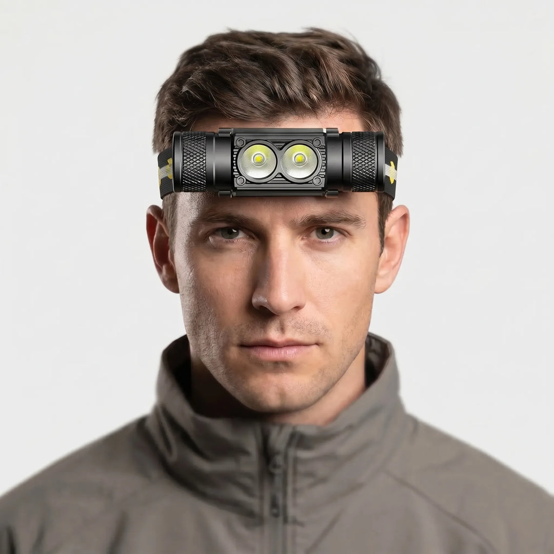 Powerful USB rechargeable LED headlamp flashlight, essential gear for camping, hiking, and late-night tasks.