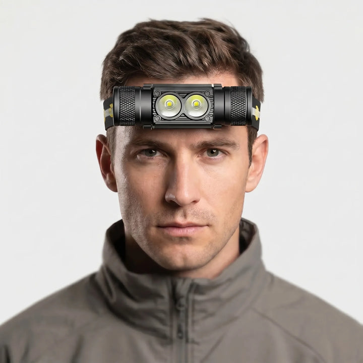 Powerful USB rechargeable LED headlamp flashlight, essential gear for camping, hiking, and late-night tasks.