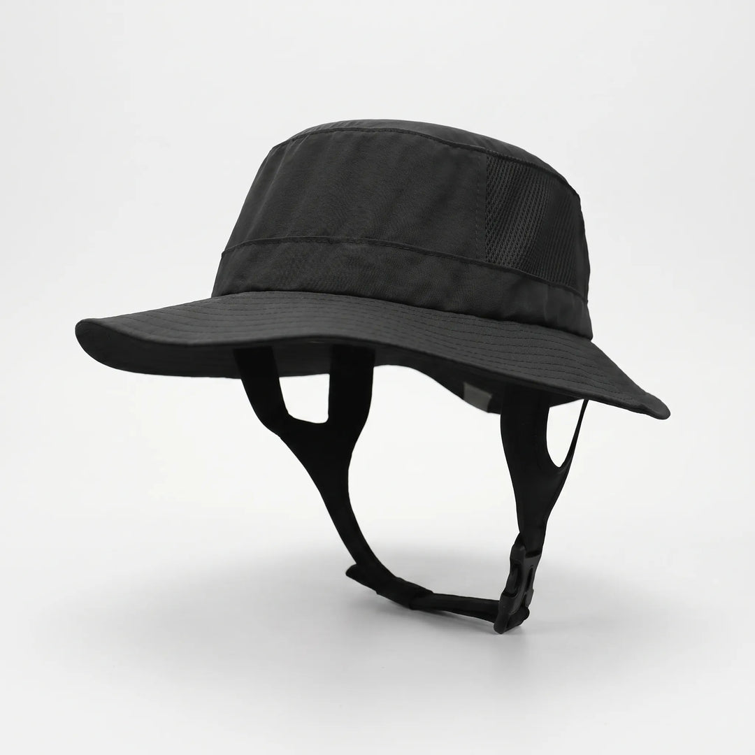 Unisex adventure bucket hat with mesh ventilation and secure chin strap, essential for sunny surf sessions.
