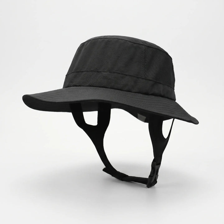 Unisex adventure bucket hat with mesh ventilation and secure chin strap, essential for sunny surf sessions.