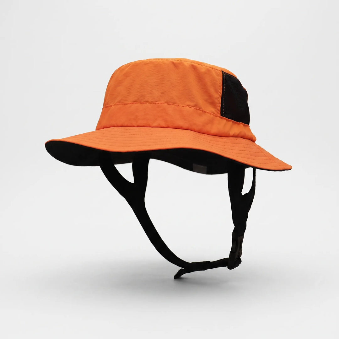 Adjustable chin strap bucket hat, ventilated for cool comfort during long days under the sun on the water.