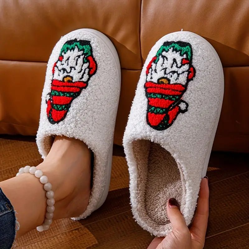 Cozy deer motif house slippers, a perfect holiday gift for warm, non-slip winter comfort indoors.