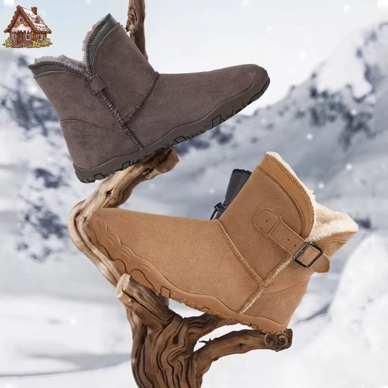 Durable textured upper of unisex warm barefoot boots, ideal for winter outdoor use.
