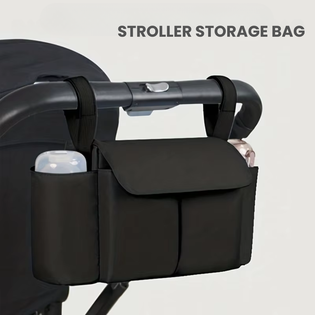 Unisex water-repellent stroller organizer with spacious compartments for baby essentials.