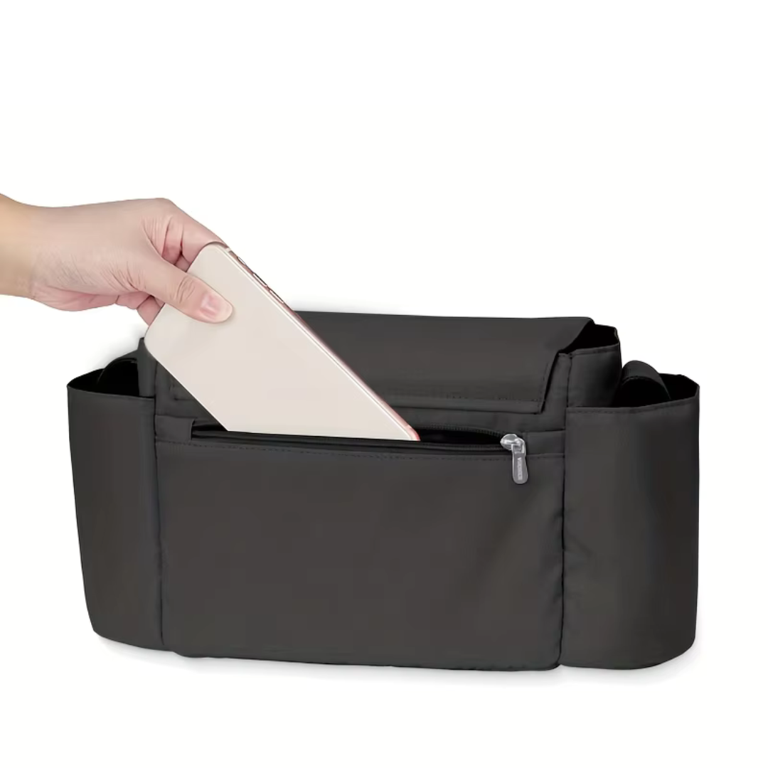 Stroller caddy in gray, perfect for diapers, bottles, and wipes, fits most strollers.