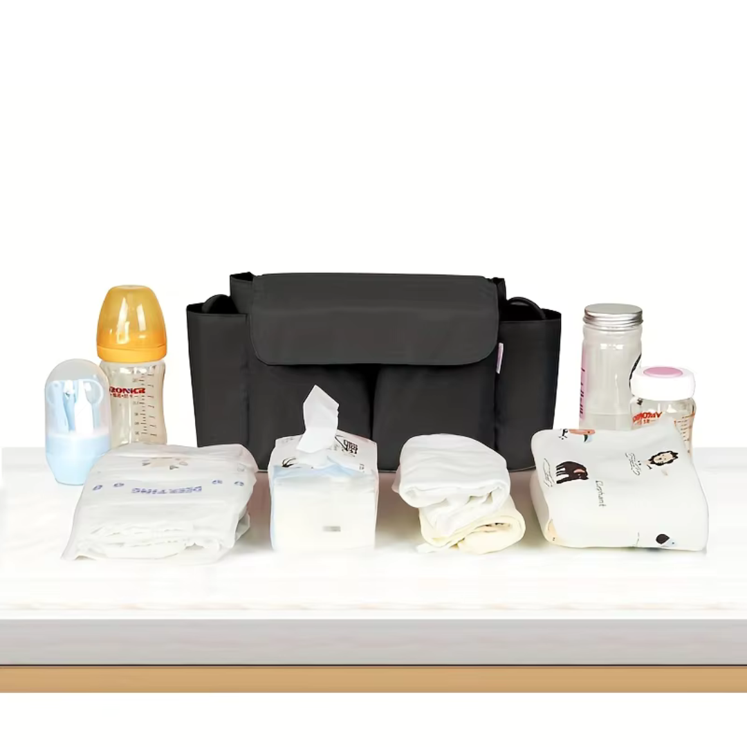 Baby travel organizer bag, water-resistant, attaches easily to any pram or pushchair.