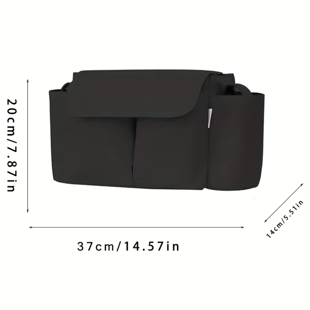 Spacious stroller organizer with multiple pockets for baby essentials and personal items.
