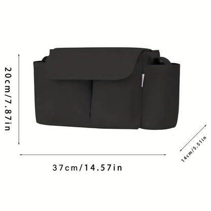 Spacious stroller organizer with multiple pockets for baby essentials and personal items.