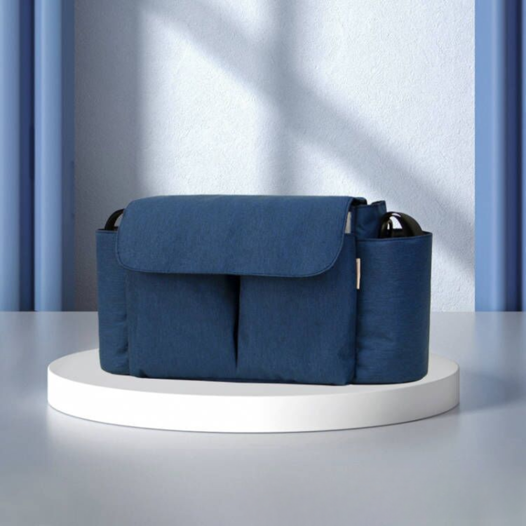 Versatile stroller organizer, ideal for bottles, snacks, and toys during family outings.