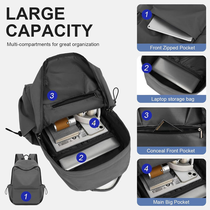 Unisex commuter backpack, organized pockets for phone, keys, and laptop accessories.