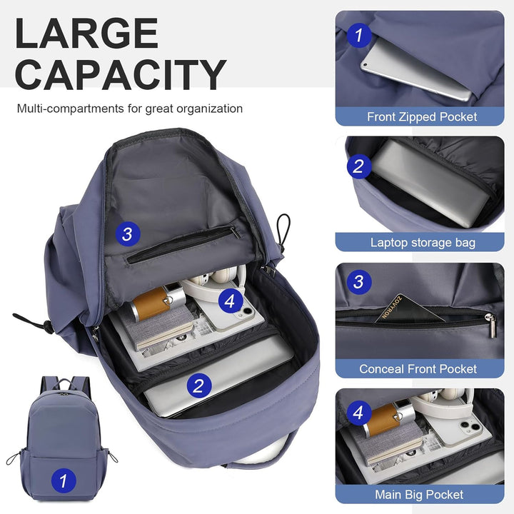 Front pocket detail on water-resistant commuter laptop backpack for quick access items.