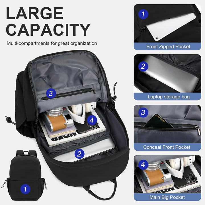 Organized lightweight backpack, water-resistant, for daily essentials on the go.