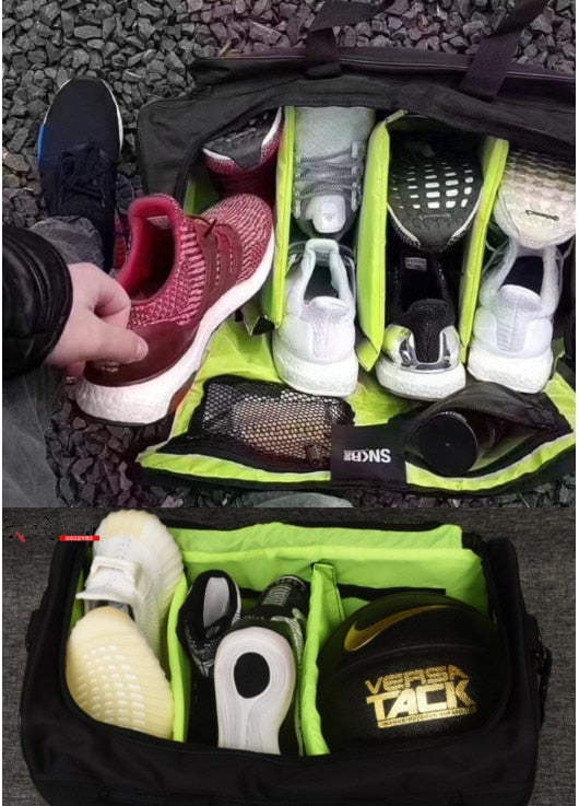 Interior view of the organized sneaker duffel bag, with adjustable compartments for footwear.