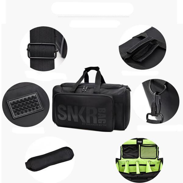 Black water-resistant sneaker bag with comfortable shoulder strap for easy carrying.