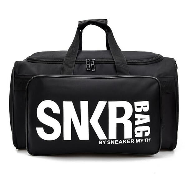Multi-functional water-resistant bag with interior dividers for shoes, clothes, and other gear.