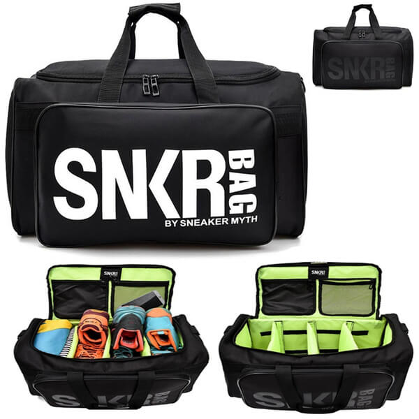 Water-resistant sneaker bag with adjustable dividers, ideal for organized storage during travel.