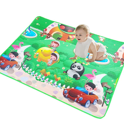 Portable waterproof baby play mat, featuring a playful design, ideal for toddler outdoor activity.