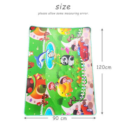 Foldable baby play mat, waterproof, showcasing a happy infant on a soft, easy-to-clean surface.