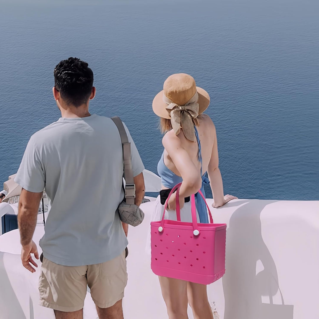 Waterproof beach bag, quick-dry design with integrated drain holes.