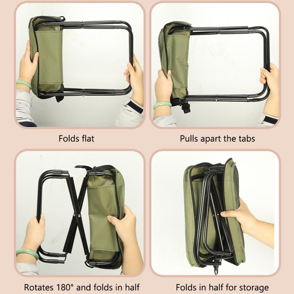 Unisex waterproof backpack with a built-in folding chair for outdoor adventures. Essential camping gear.
