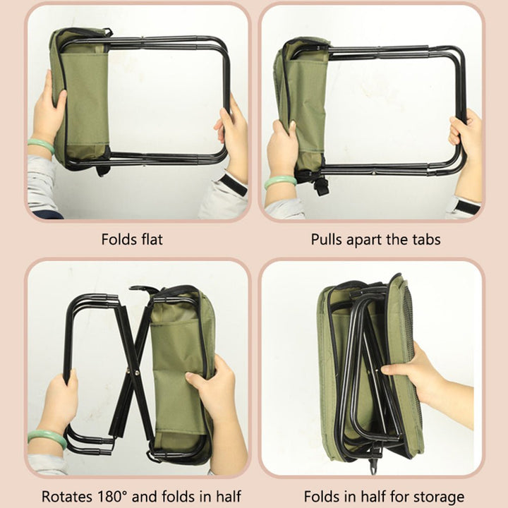 Unisex waterproof backpack with a built-in folding chair for outdoor adventures. Essential camping gear.
