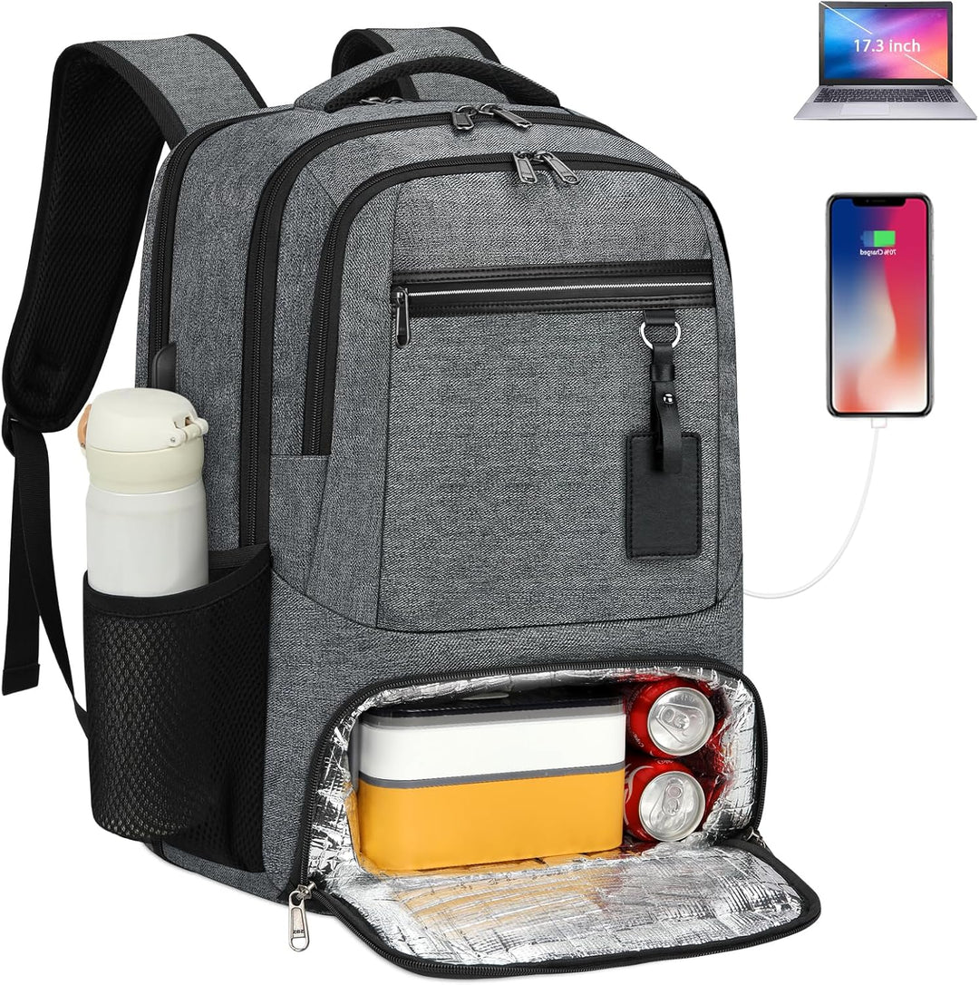Unisex waterproof laptop backpack with USB charging port & insulated lunch compartment for daily use.