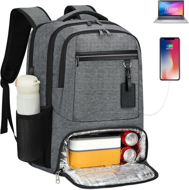 Unisex waterproof laptop backpack with USB charging port & insulated lunch compartment for daily use.