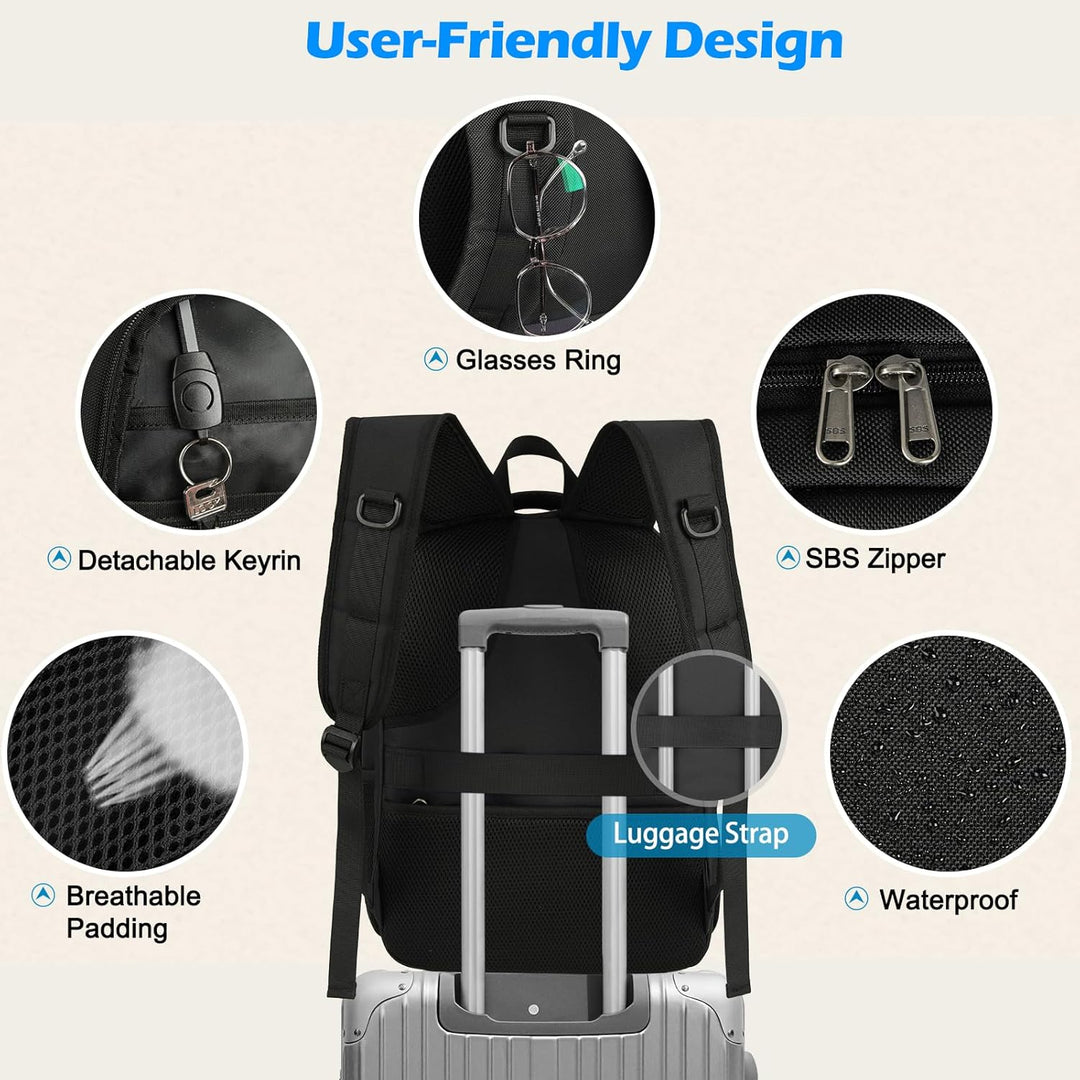 Open view of an organizational tech backpack, highlighting laptop & insulated lunch sections.