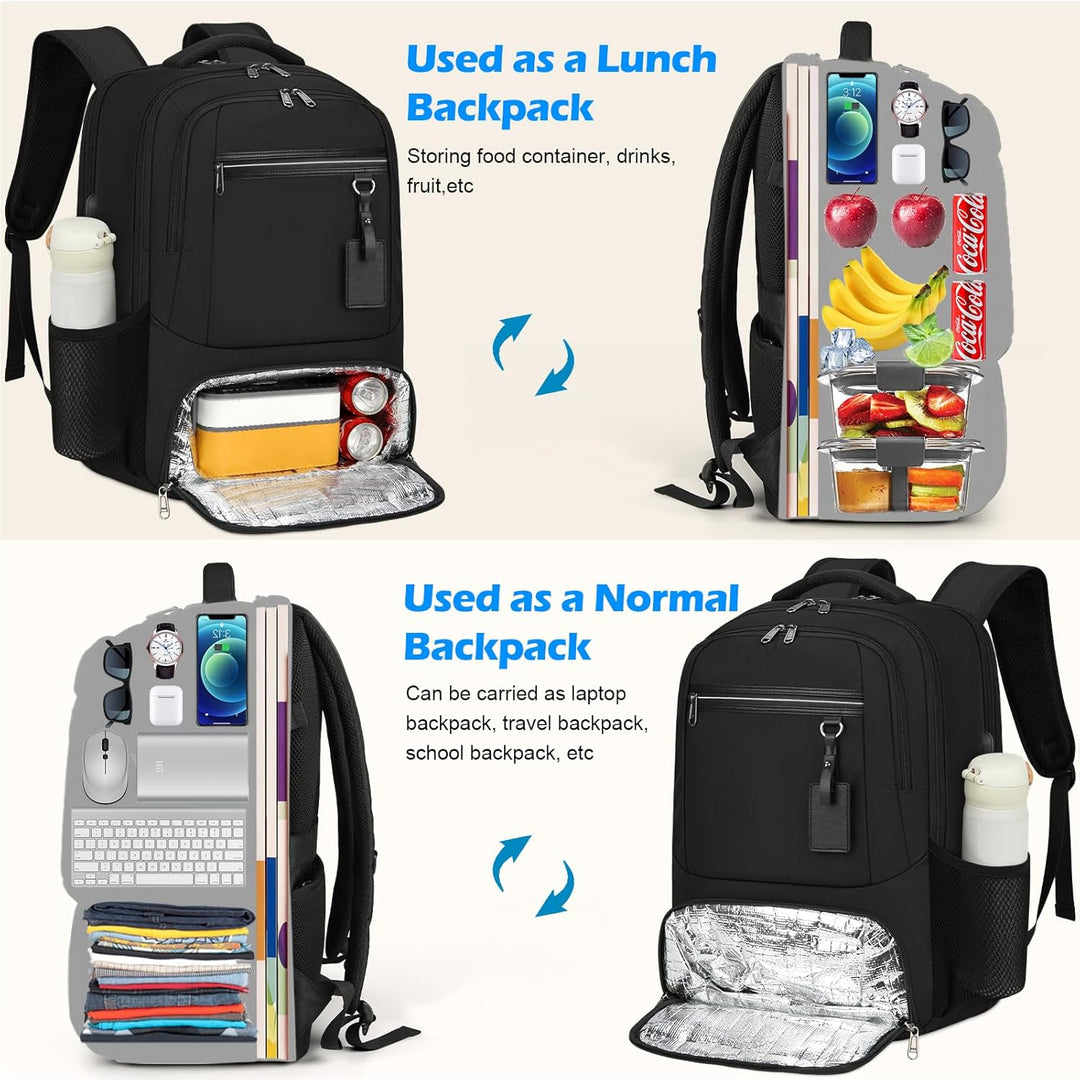 Professional waterproof backpack with integrated USB charger & insulated lunch bag for business.