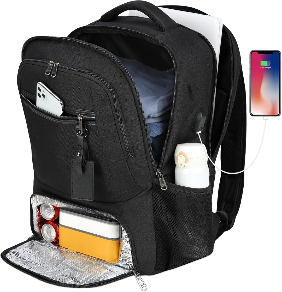 Smart travel backpack: waterproof, USB port, laptop sleeve, and a convenient lunch storage.