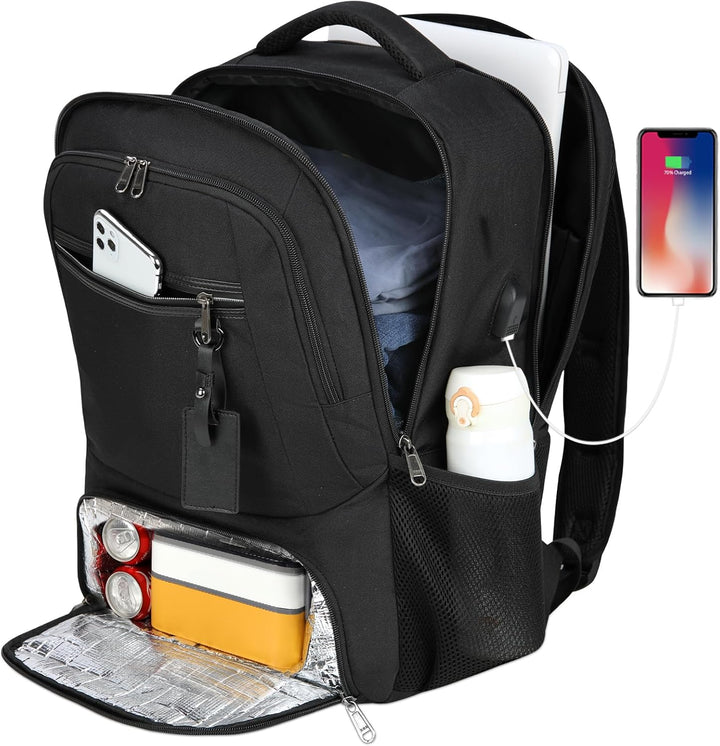 Smart travel backpack: waterproof, USB port, laptop sleeve, and a convenient lunch storage.