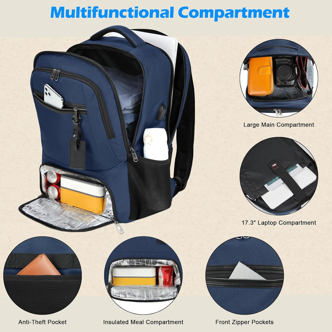 Modern unisex work & travel backpack with USB charging, waterproof shell & lunch compartment.
