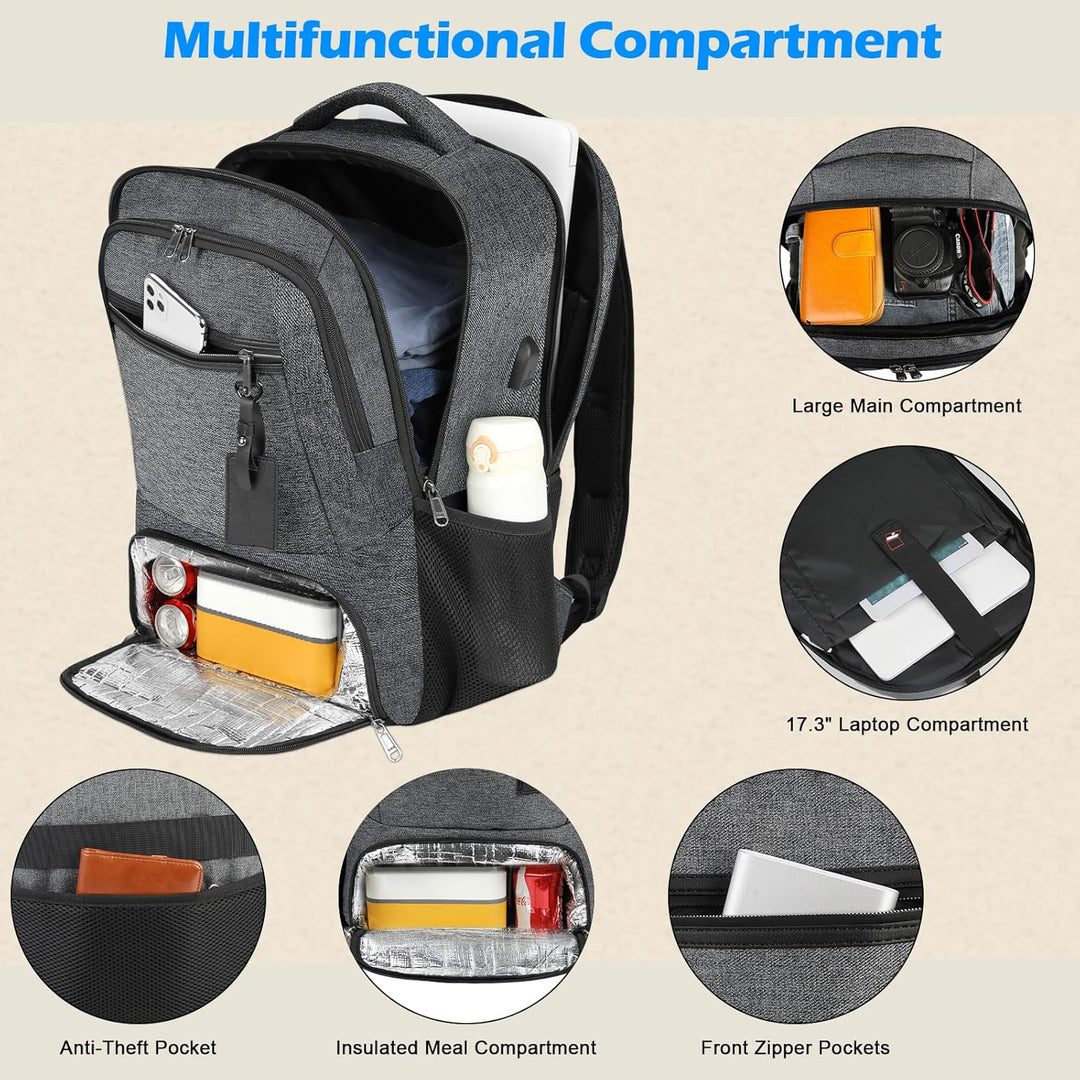 Durable commuter backpack: waterproof, fits laptops, has USB port & a separate lunch bag.