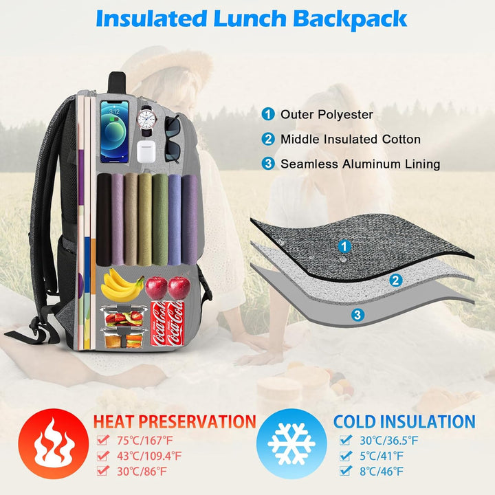 Stylish school backpack for students, featuring laptop sleeve, USB access & insulated lunch area.
