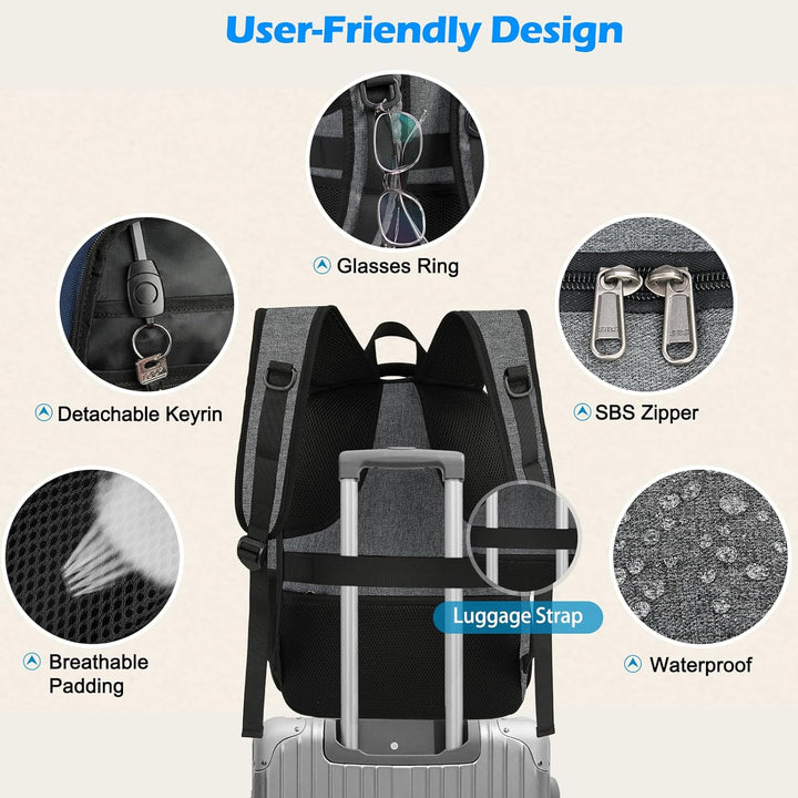 Travel-ready tech bag: waterproof, unisex design, USB port, and dedicated lunch cooler.