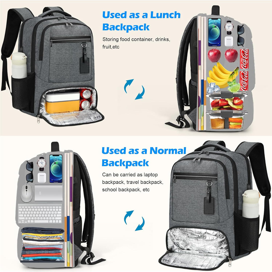 Ergonomic waterproof daily carry backpack for men & women, with USB & insulated lunch pocket.