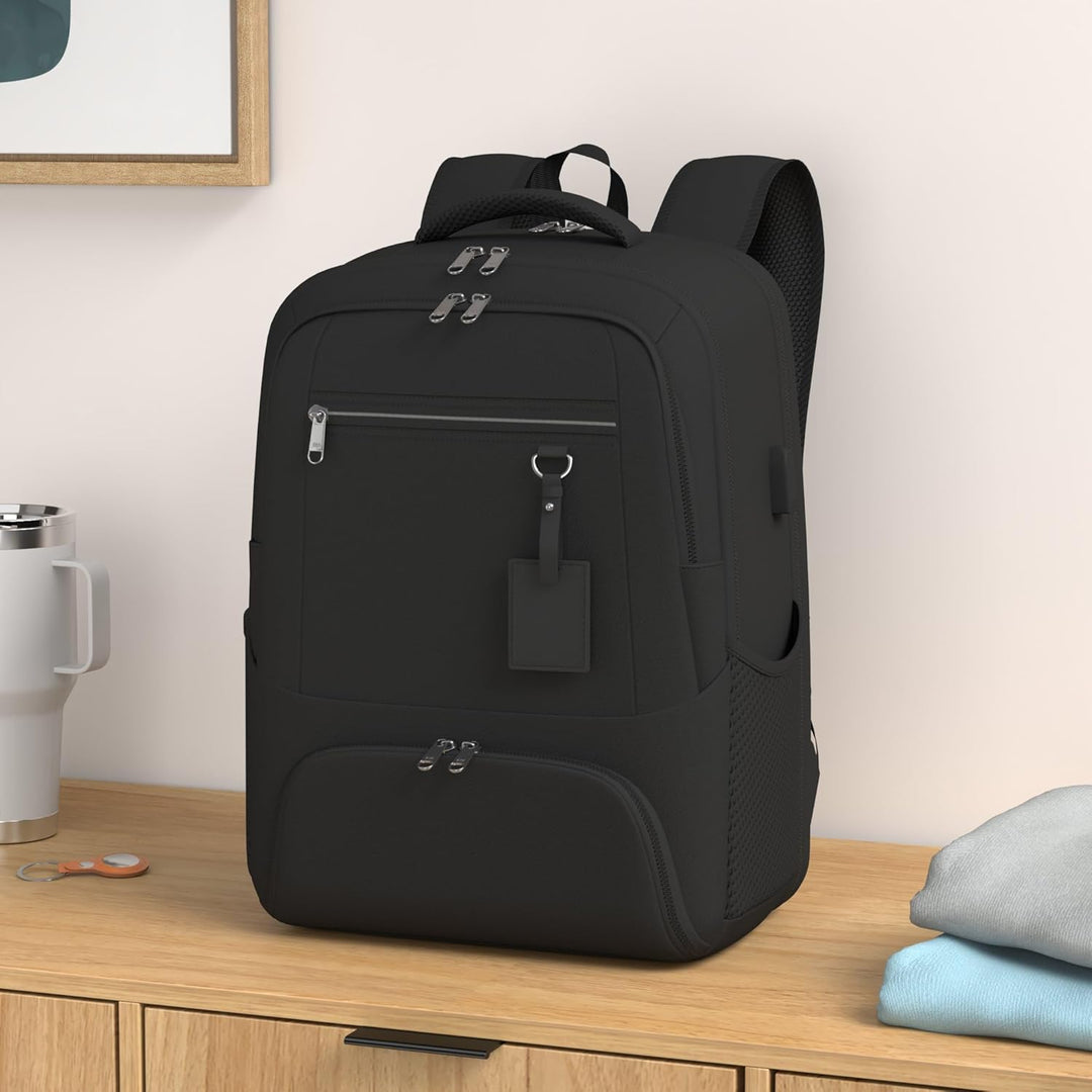Front view of a sleek waterproof USB laptop backpack with an insulated lunch pouch.