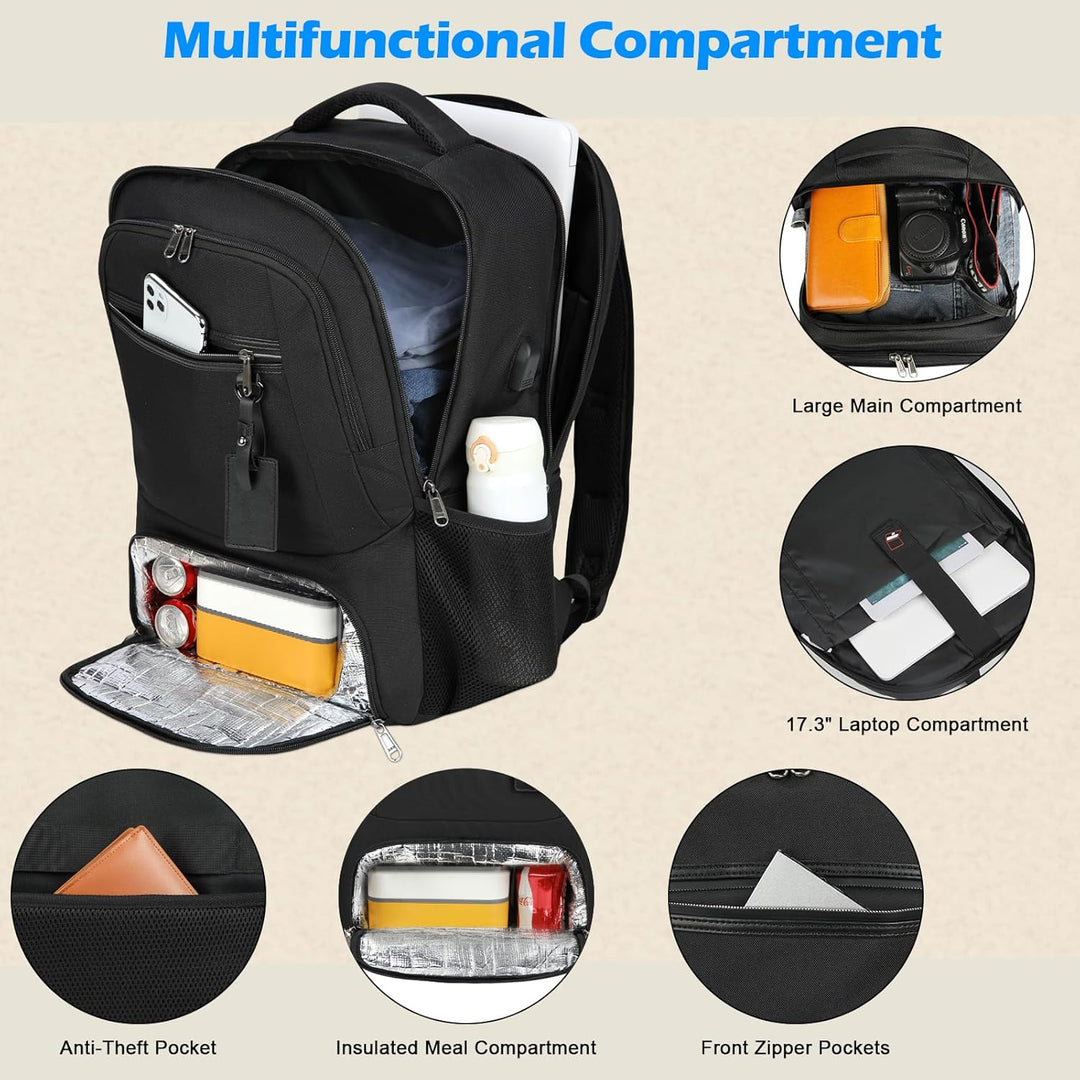 Side view of a durable commuter backpack, showcasing its waterproof material & USB port.