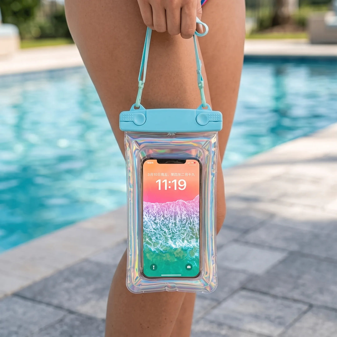 Unisex waterproof phone pouch with adjustable neck strap for beach, pool, and water sports.