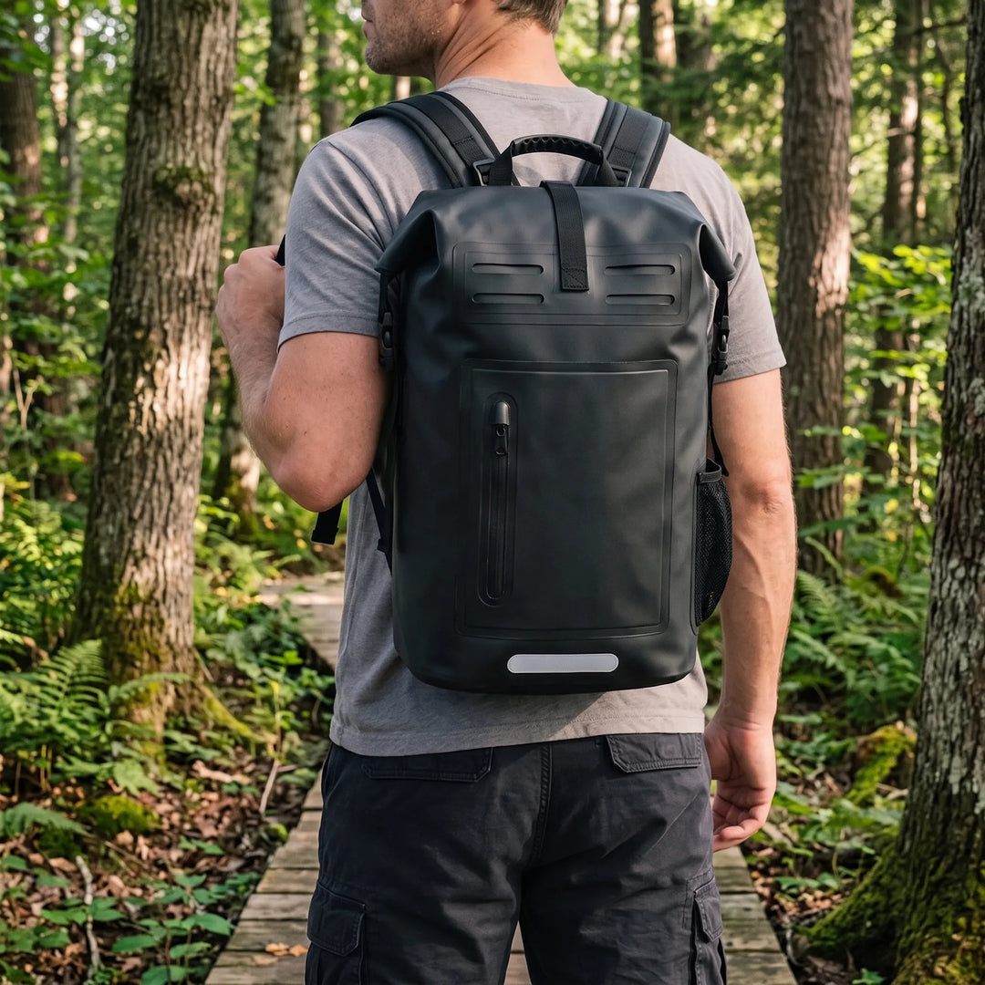Unisex waterproof roll top backpack, ideal for hiking, camping, and travel adventures, keeping gear dry.