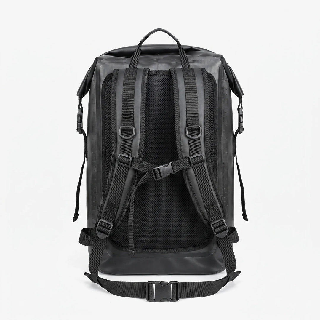 Spacious waterproof roll top backpack for adventure travel, camping, hiking; keeps essentials safe & dry.
