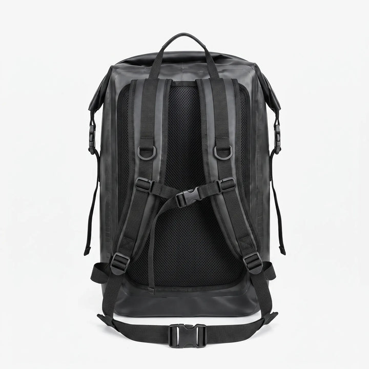 Spacious waterproof roll top backpack for adventure travel, camping, hiking; keeps essentials safe & dry.