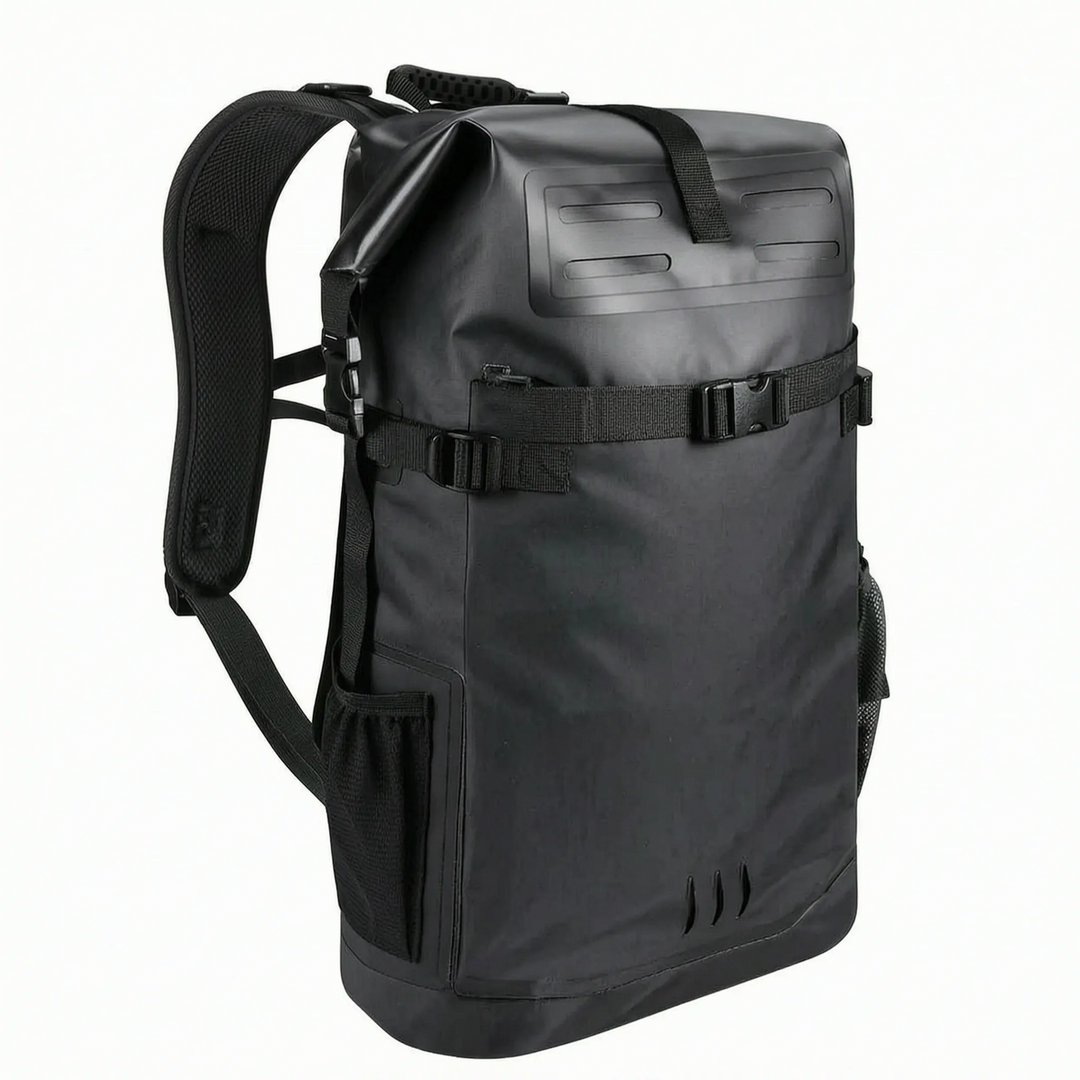 Adventure-ready waterproof roll top backpack. Protects gear during hiking, camping, & travel in any weather.