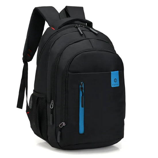 Outdoor shot of a hiker wearing the durable waterproof daypack, ready for any weather. Organized gear.