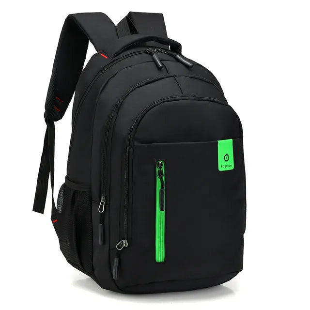 Stylish black unisex waterproof backpack, perfect for students carrying books & tech in all weather.