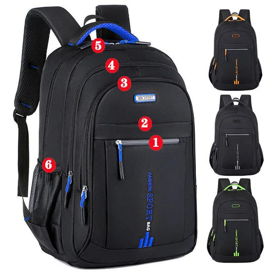 Multi-compartment travel daypack, showcasing its internal organization for passports, devices, and more.