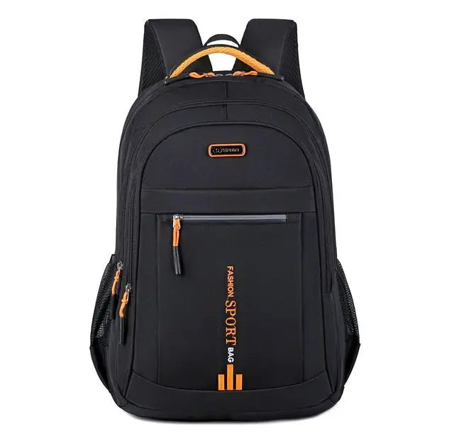 Front view of a modern unisex travel backpack with multiple zippers & waterproof fabric. Everyday carry.