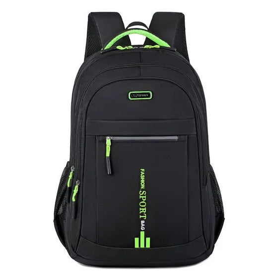 Back view of a sleek waterproof backpack with breathable padding & adjustable straps for unisex fit.