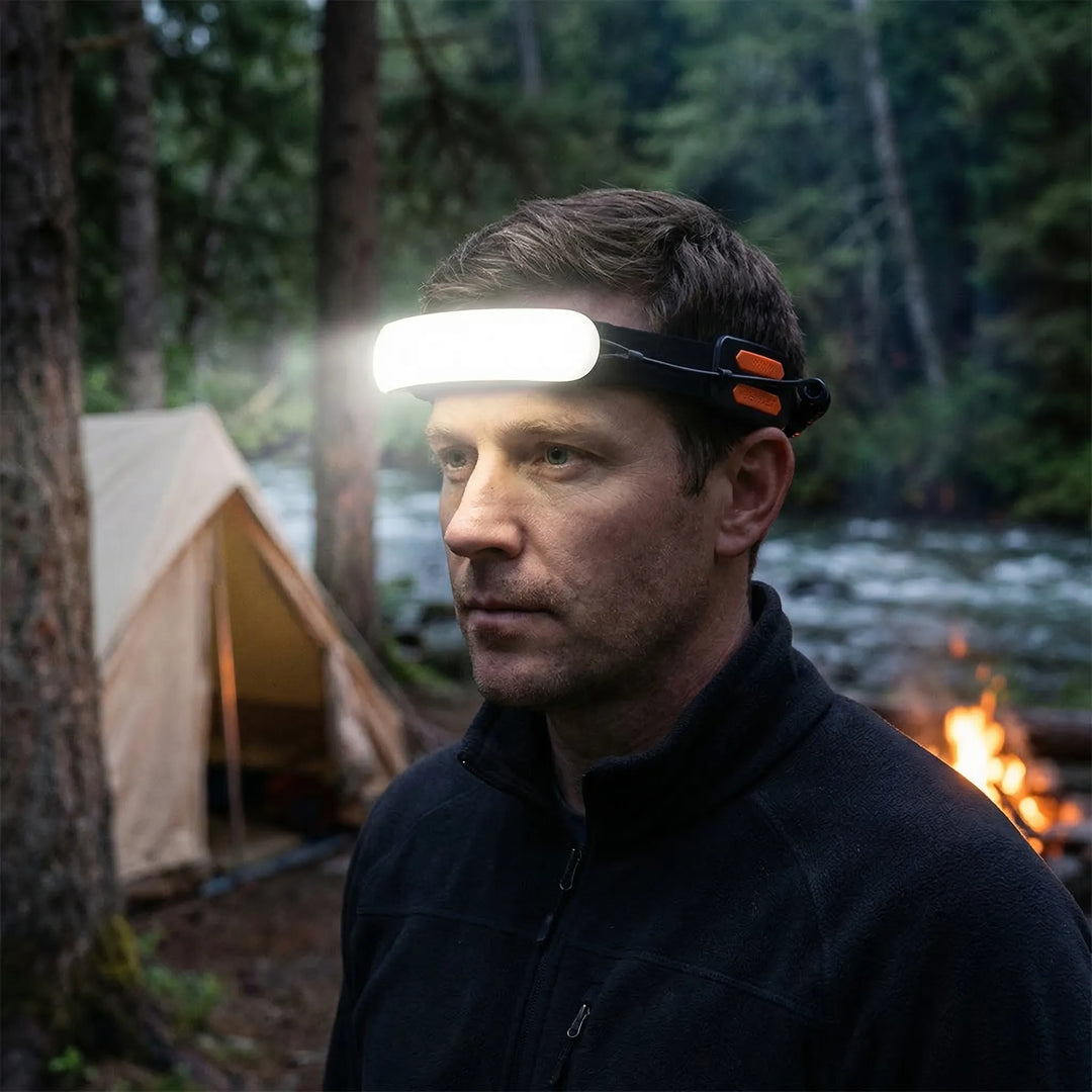 Unisex wide-beam rechargeable COB headlamp for camping & hiking. Hands-free LED outdoor gear.